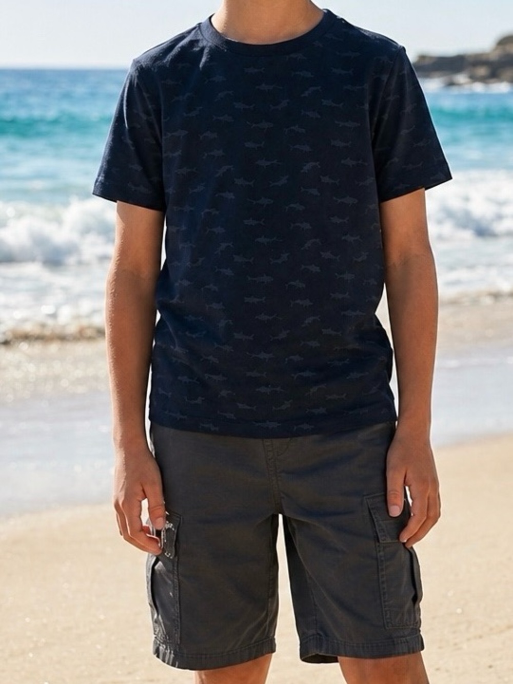 Kids Navy Shark-Print Short Sleeve Tee - Casual Beach Style